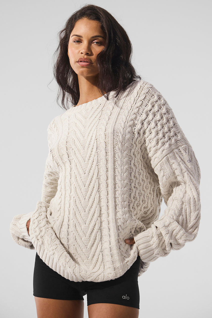 Cable Knit Crew Neck Sweater - Athletic Heather Grey