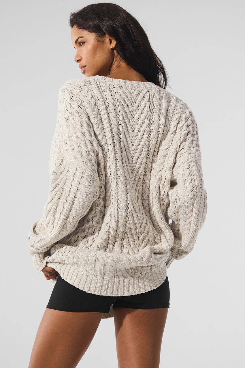 Cable Knit Crew Neck Sweater - Athletic Heather Grey