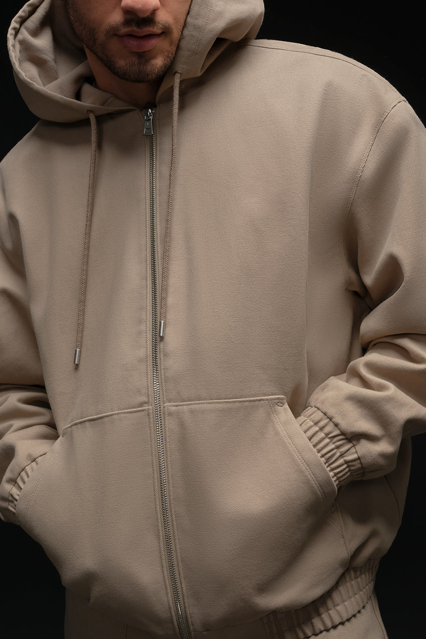 Cotton Canvas Full Zip Hoodie - Black