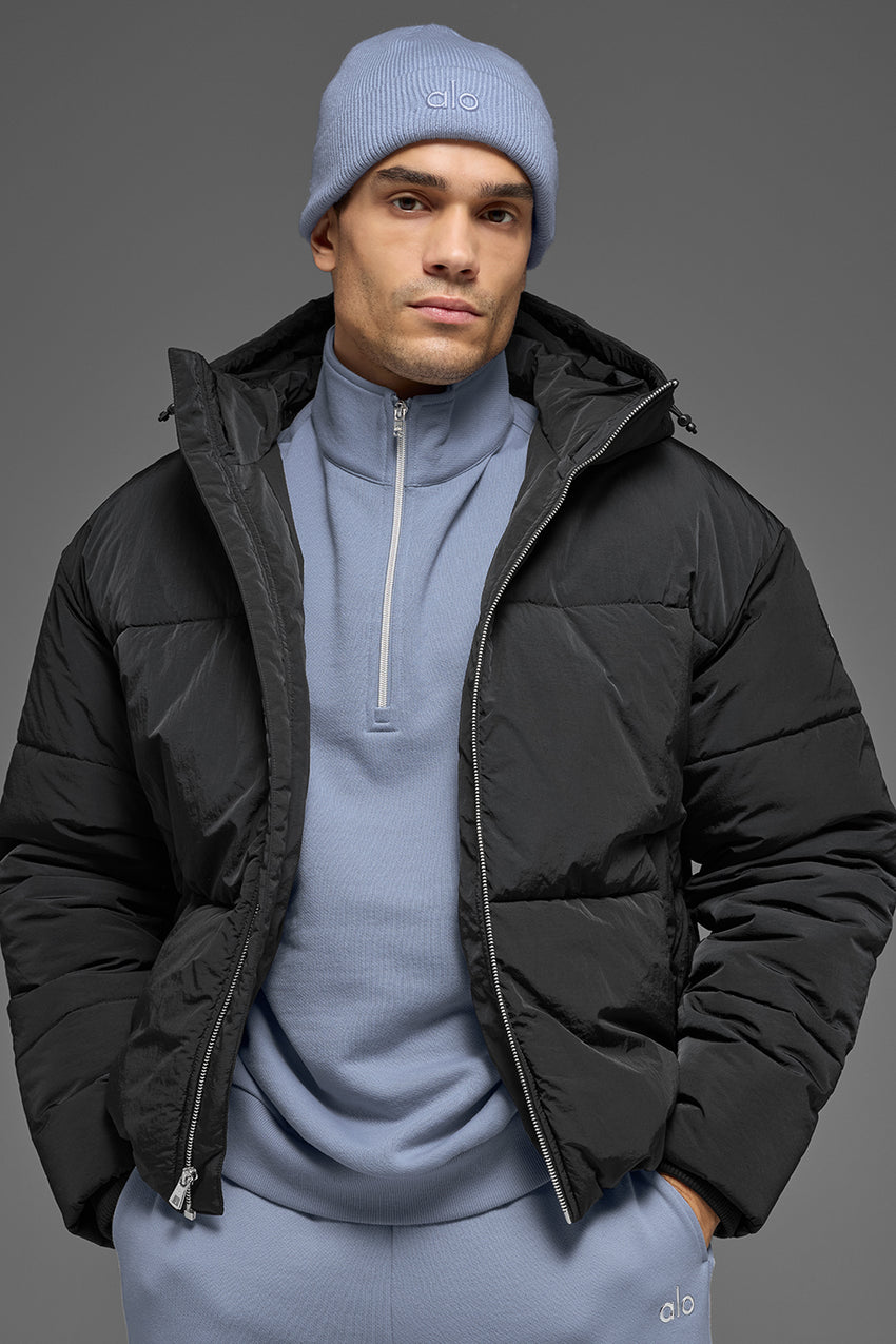 Crinkle Nylon Hooded Stage Puffer - Black