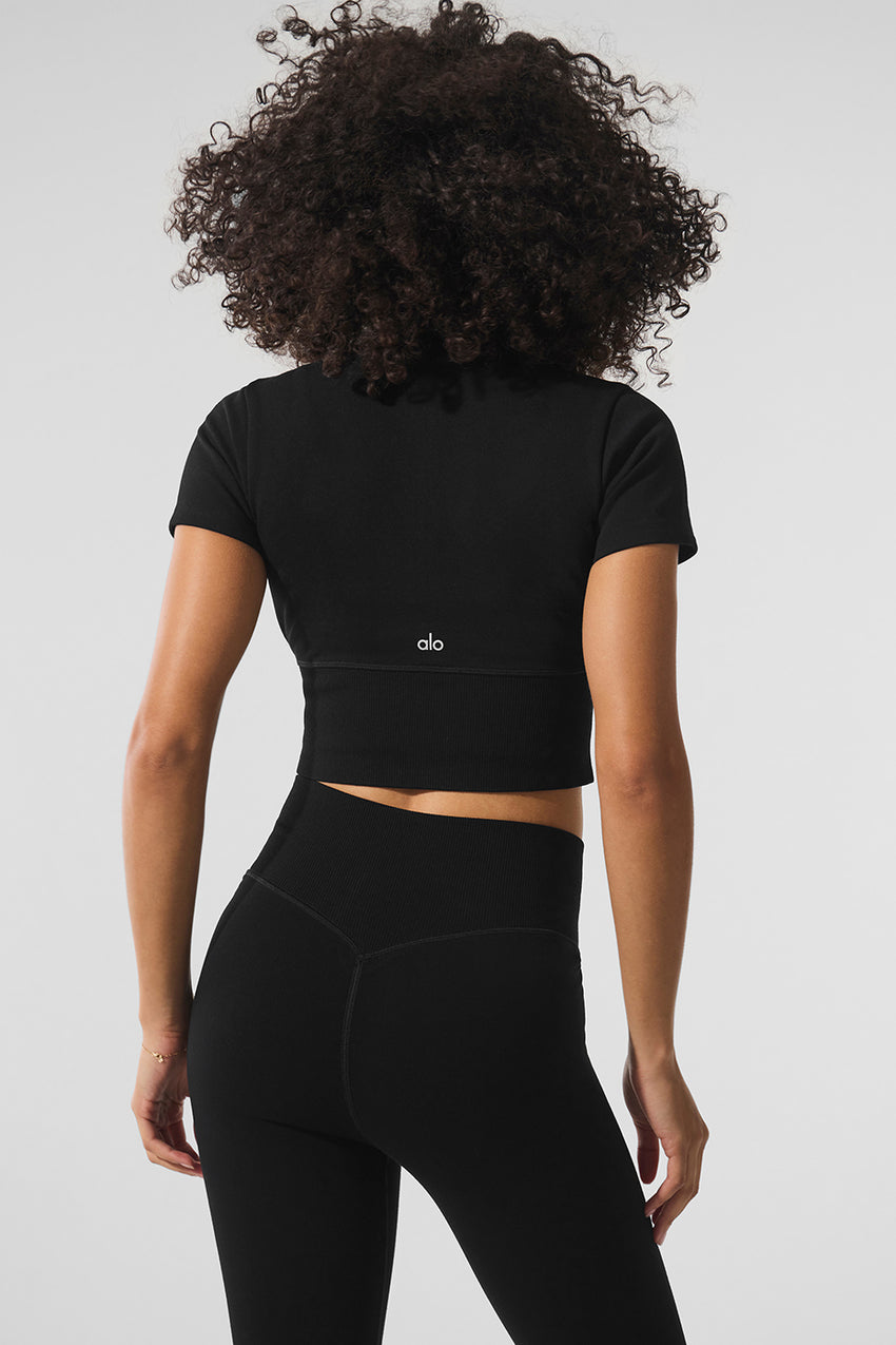 Seamless Winter Warm Plush Cropped Short Sleeve - Black