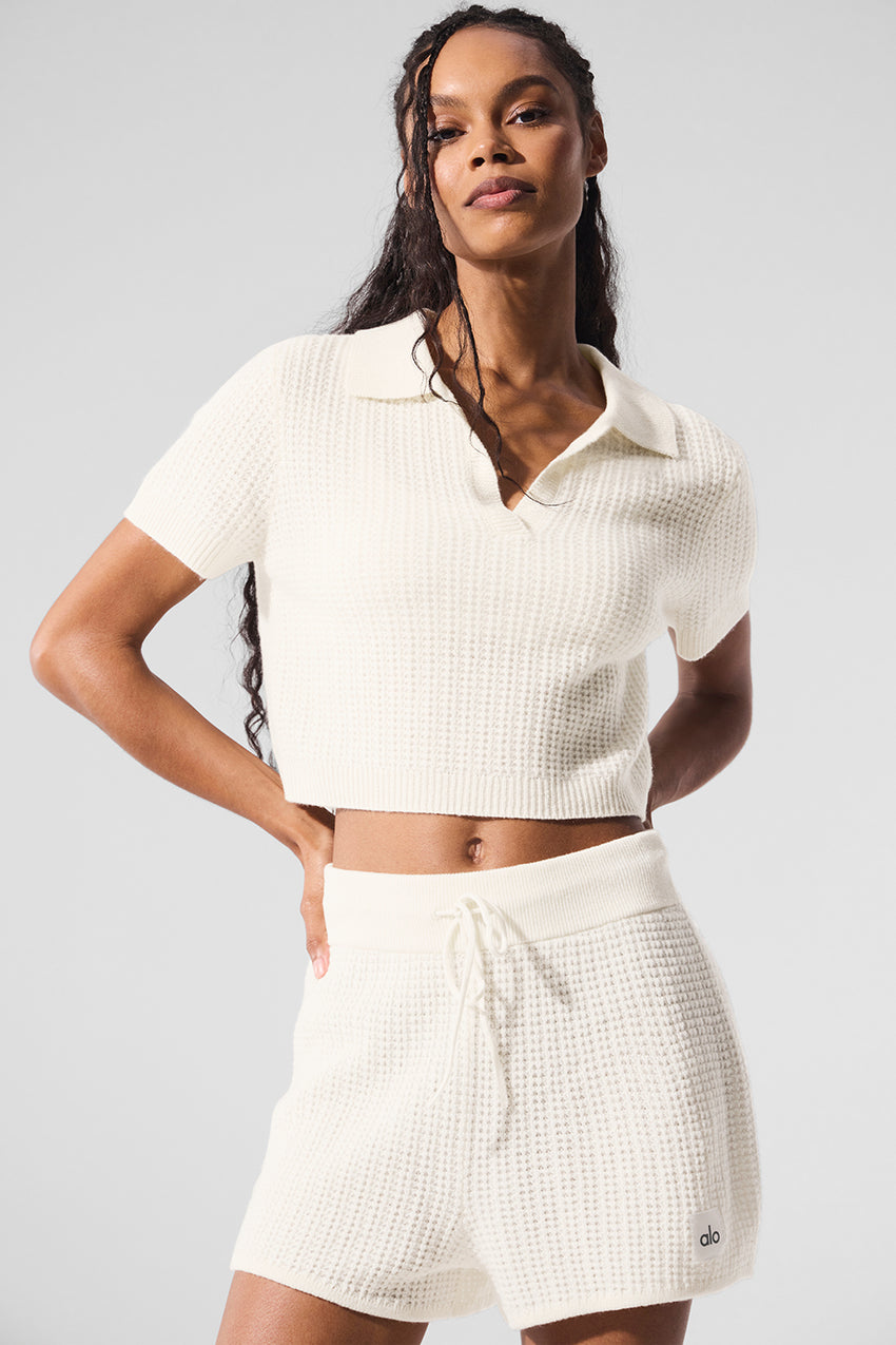 Cashmere Plush Waffle Polo Tee - Black