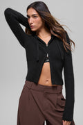 Cashmere Ribbed Noble Full Zip Hoodie - Black