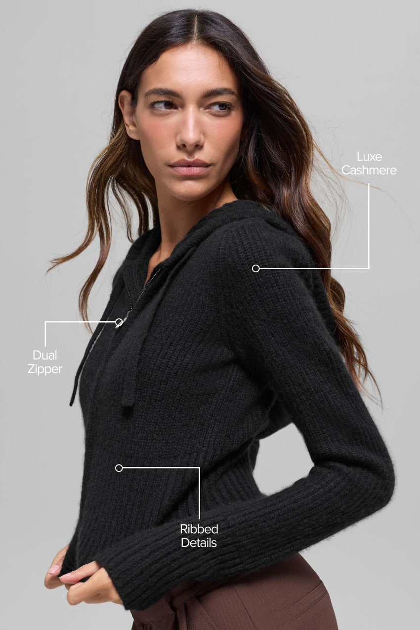 Cashmere Ribbed Noble Full Zip Hoodie - Black