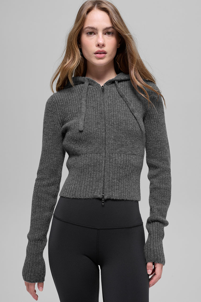 Cashmere Ribbed Noble Full Zip Hoodie - Black