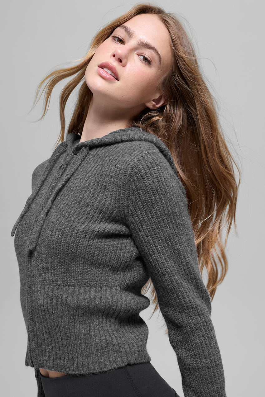 Cashmere Ribbed Noble Full Zip Hoodie - Black