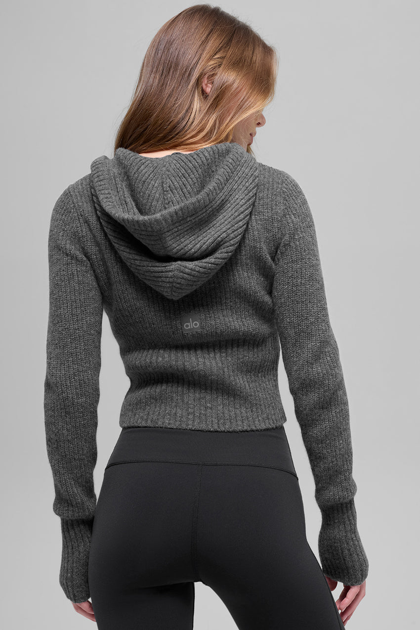 Cashmere Ribbed Noble Full Zip Hoodie - Black