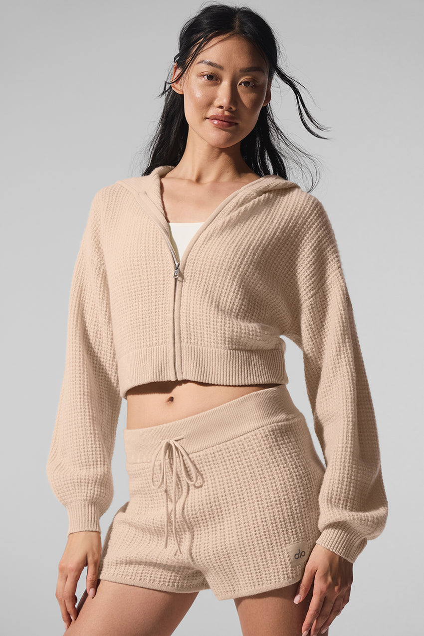 Cashmere Plush Waffle Full Zip Hoodie - Black