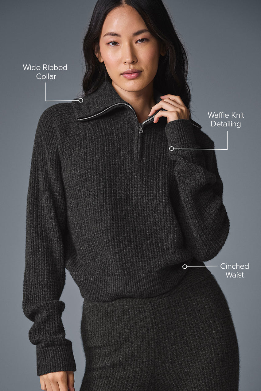 Cashmere Plush Waffle 1/4 Zip Pullover - Black