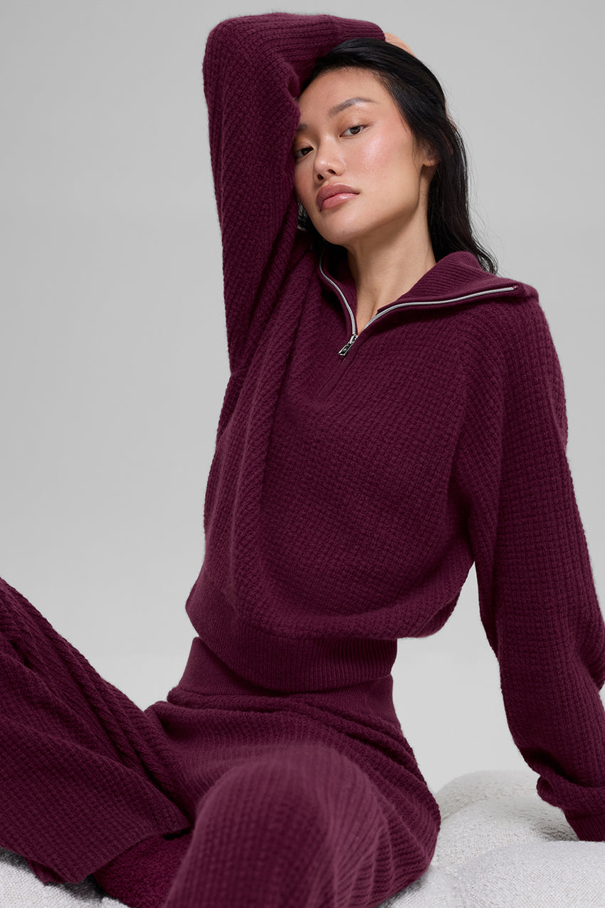 Cashmere Plush Waffle 1/4 Zip Pullover - Black
