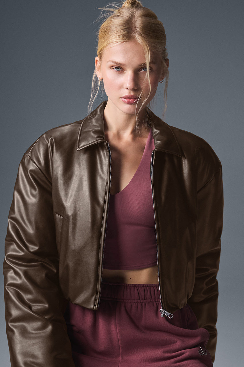Faux Leather Cropped Premier Bomber - Black