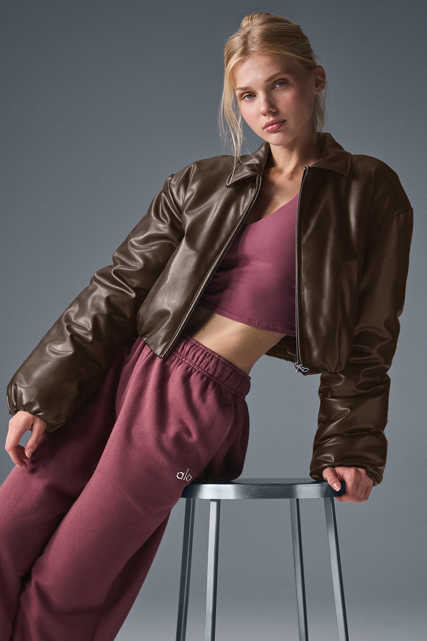 Faux Leather Cropped Premier Bomber - Black