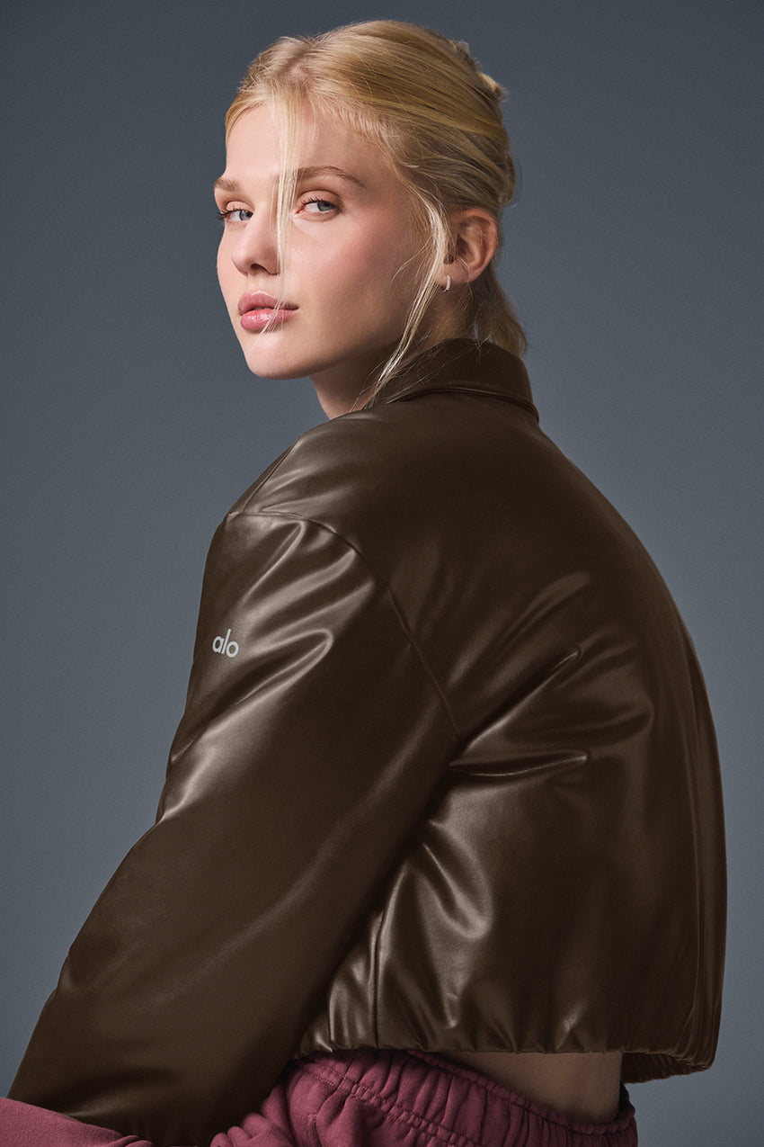 Faux Leather Cropped Premier Bomber - Black