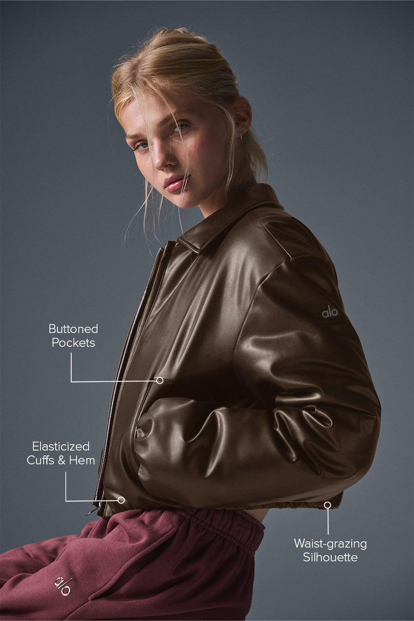 Faux Leather Cropped Premier Bomber - Black
