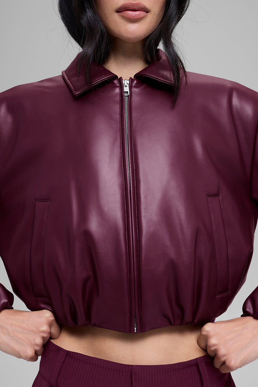 Faux Leather Cropped Premier Bomber - Black