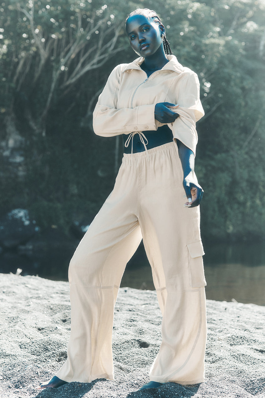 Linen Getaway Cargo Wide Leg Pant - Macadamia