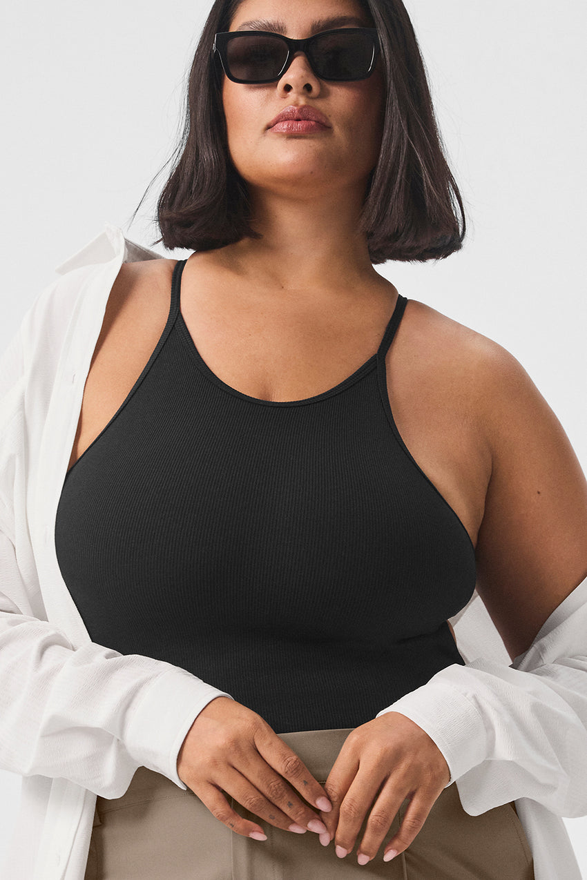 Ribbed Half-Court Bodysuit - Black
